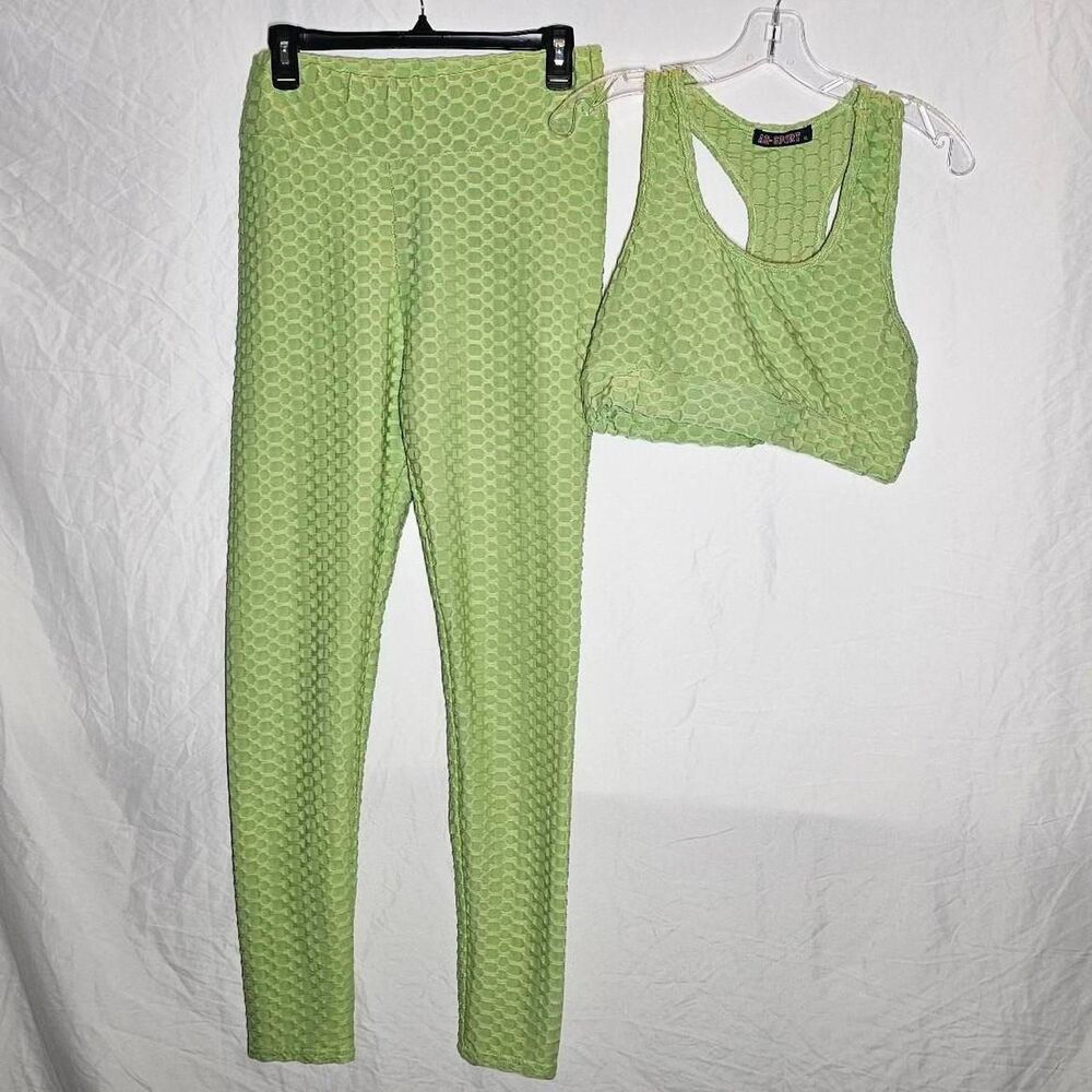 lime green textured scrunch leggings & sports bra matching set